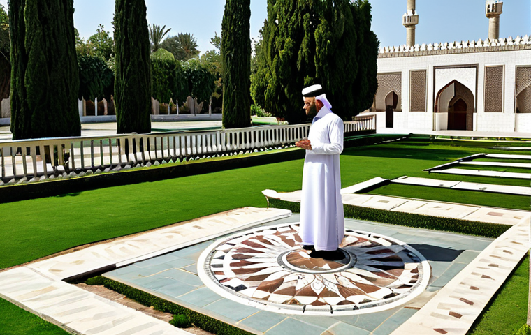 **

"A beautifully crafted sundial in the courtyard of a historic mosque, fully clothed people in traditional Islamic attire observing the time, lush garden setting, minaret in the background, clear sky, perfect anatomy, correct proportions, natural pose, professional photography, safe for work, appropriate content, fully clothed, modest, family-friendly."

**