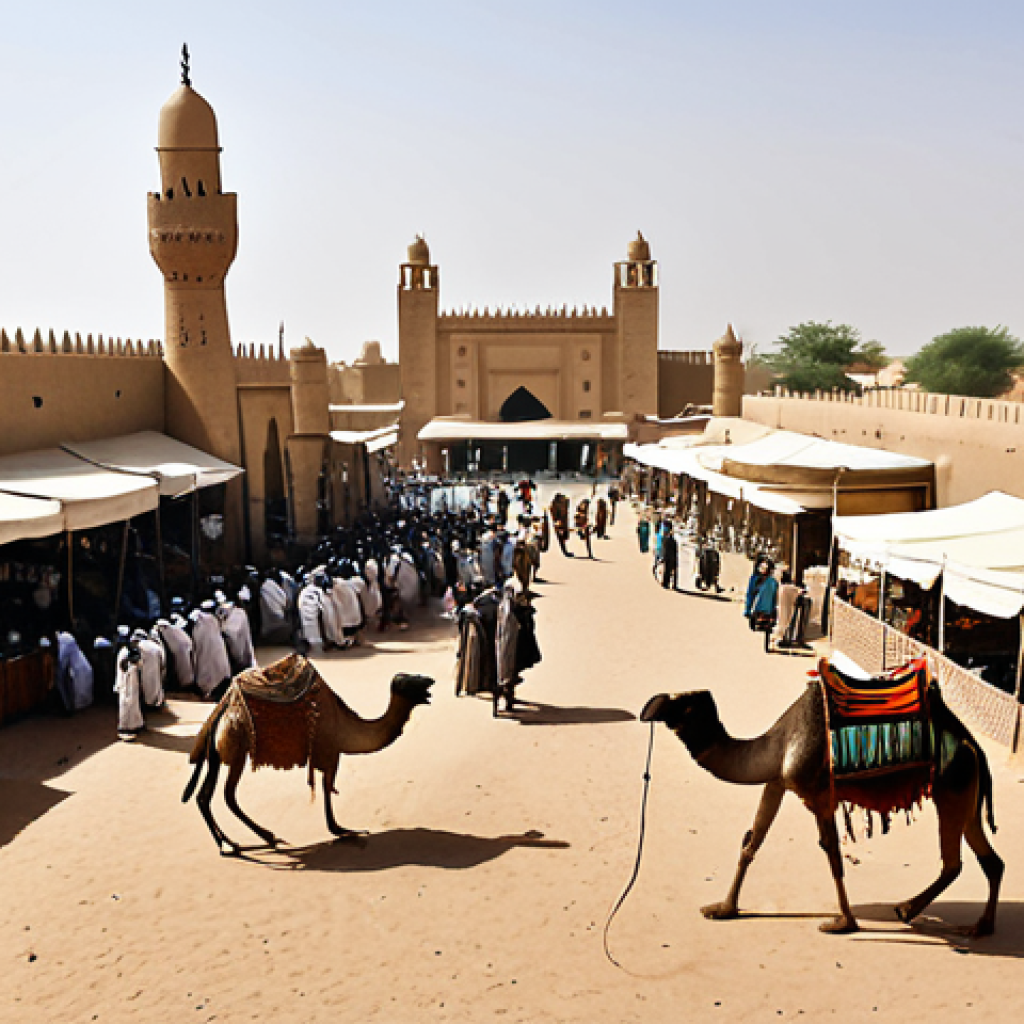 아프리카의 이슬람 확산 - Trade and Islam**

"Bustling marketplace in a historic African city like Timbuktu, Mali. Arab mercha...