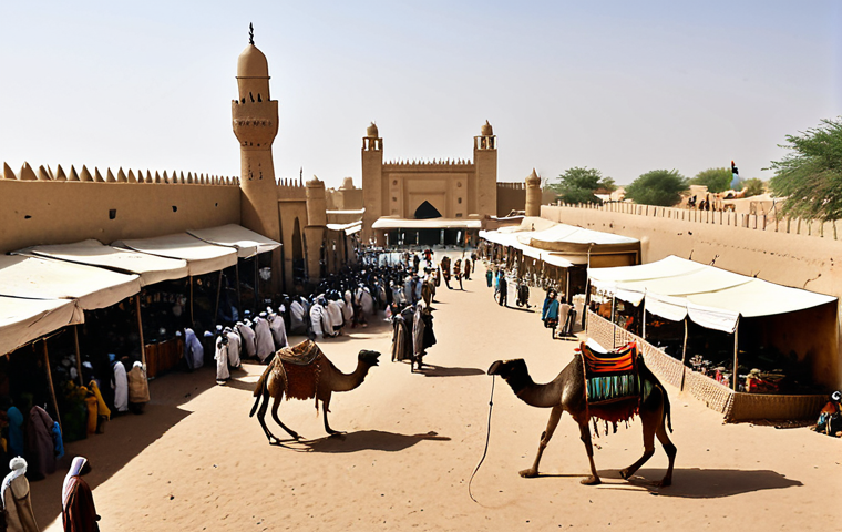 아프리카의 이슬람 확산 - Trade and Islam**
"Bustling marketplace in a historic African city like Timbuktu, Mali. Arab mercha...
