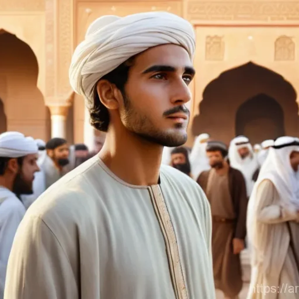 이슬람교 창시자 무함마드 - **Prompt:** "A captivating illustration of a young, trustworthy man in ancient Arabia, in the style ...