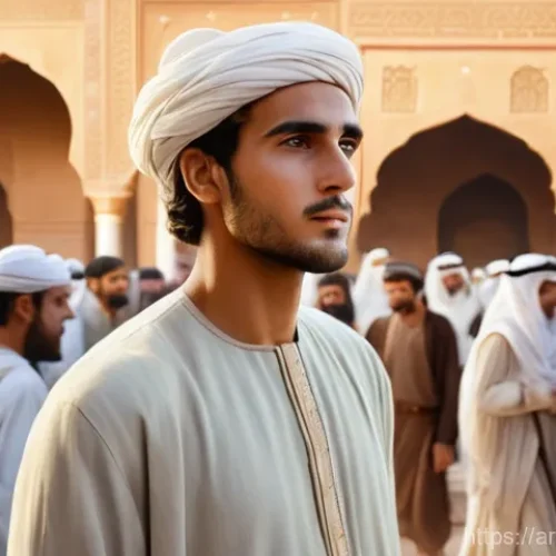 이슬람교 창시자 무함마드 - **Prompt:** "A captivating illustration of a young, trustworthy man in ancient Arabia, in the style ...