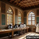 이슬람의 의학적 기여 - A detailed scene of a medieval Islamic hospital interior, showcasing separate wings for men and wome...