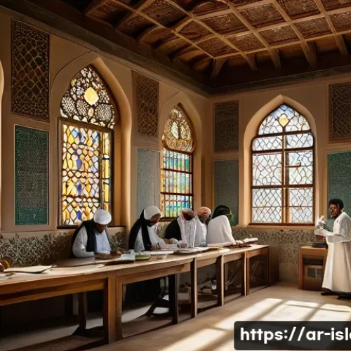 이슬람의 의학적 기여 - A detailed scene of a medieval Islamic hospital interior, showcasing separate wings for men and wome...