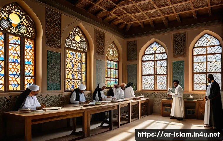 이슬람의 의학적 기여 - A detailed scene of a medieval Islamic hospital interior, showcasing separate wings for men and wome...