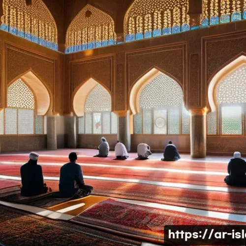 이슬람과 크리스트교 비교 - A serene and detailed interior of a traditional Islamic mosque during prayer time, showcasing intric...