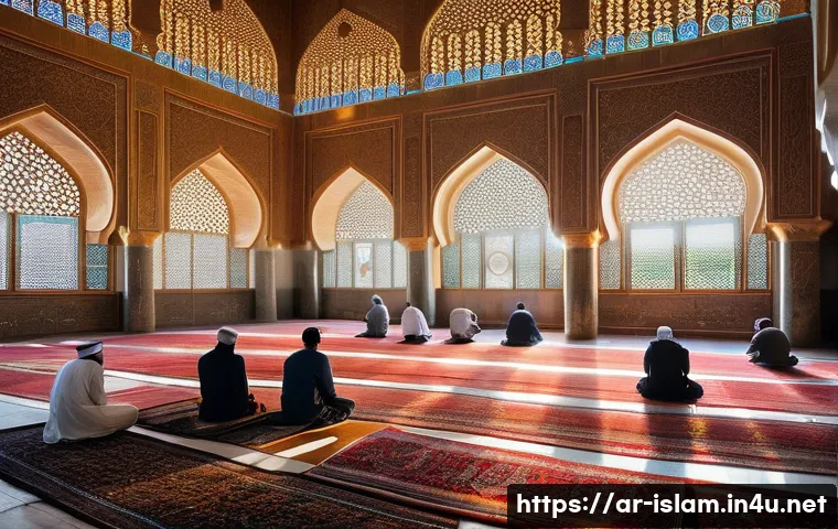 이슬람과 크리스트교 비교 - A serene and detailed interior of a traditional Islamic mosque during prayer time, showcasing intric...