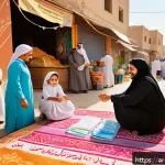 이슬람의 재산 나눔 자카트 - A vibrant community gathering in a Middle Eastern neighborhood, featuring diverse families sharing r...