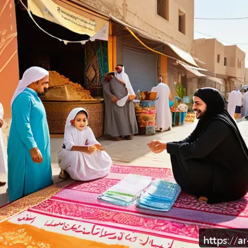 이슬람의 재산 나눔 자카트 - A vibrant community gathering in a Middle Eastern neighborhood, featuring diverse families sharing r...