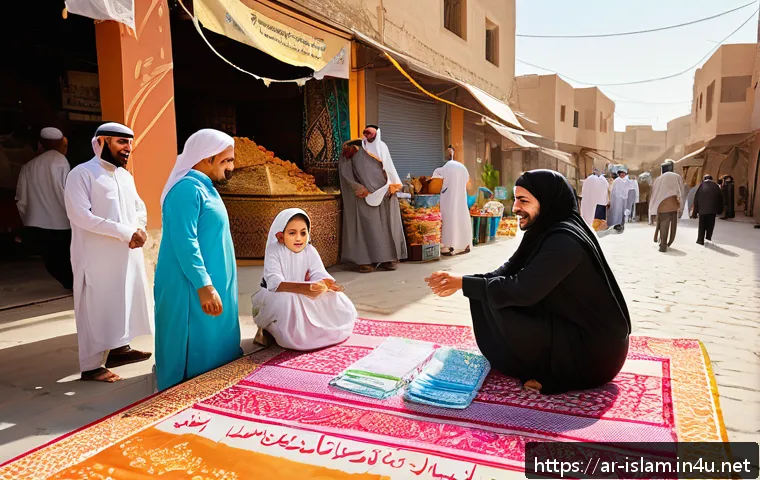 이슬람의 재산 나눔 자카트 - A vibrant community gathering in a Middle Eastern neighborhood, featuring diverse families sharing r...