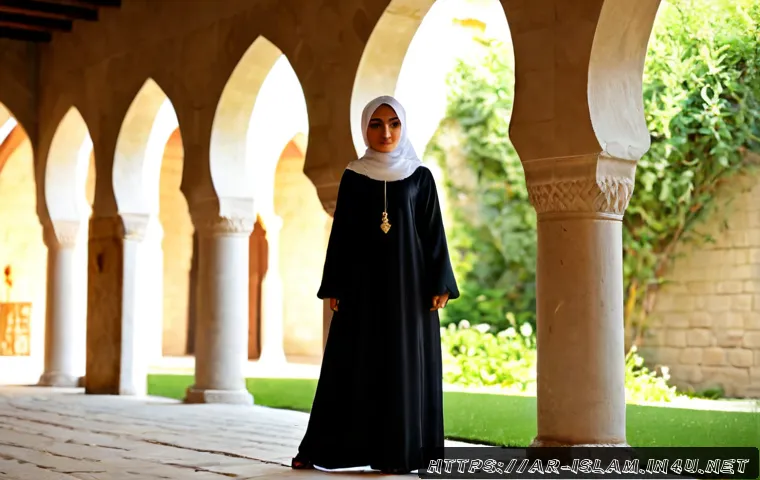 이슬람의 여성 의복 규정 - Photorealistic editorial scene of an adult Arab Muslim woman in a flowing modest abaya and neatly st...